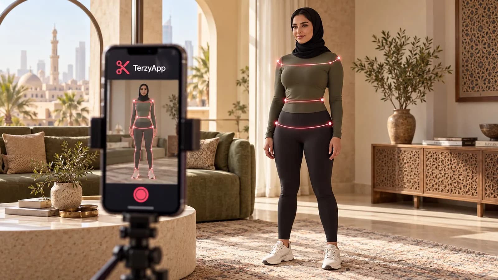 رسم توضيحي لمفهوم امرأة ترتدي ملابس رياضية تستخدم هاتف يحمل شعار TerzyApp لقياس الجسم بمساعدة الذكاء الاصطناعي.