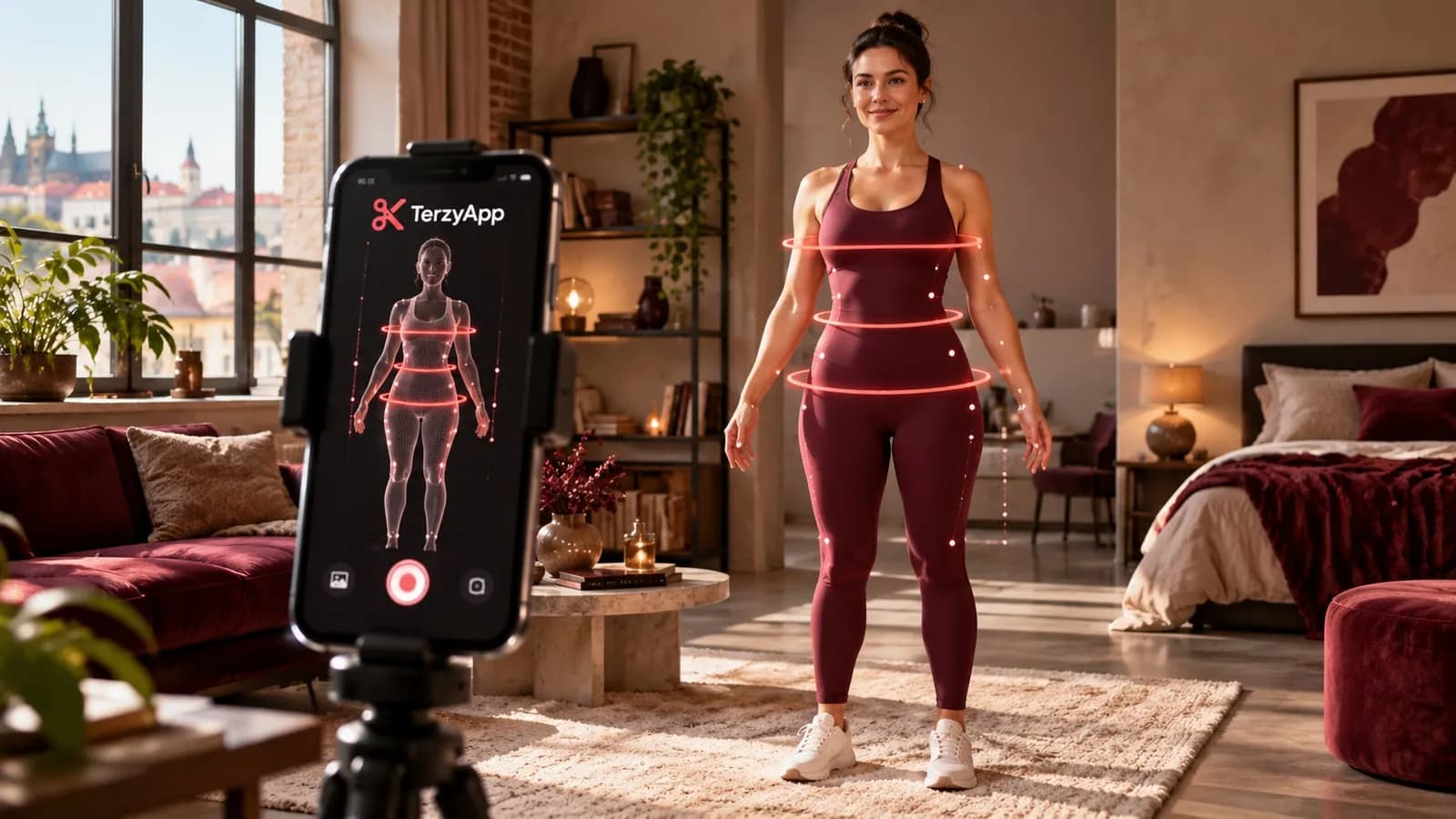 Ilustrační obrázek ženy ve sportovním oblečení, která používá telefon s logem TerzyApp pro AI-asistované měření těla.