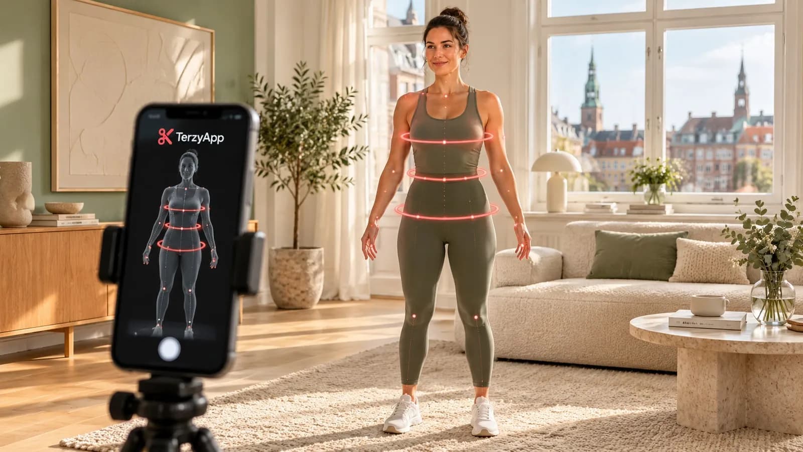 Konceptillustration af en kvinde i sportstøj, der bruger en TerzyApp-mobil til AI-assisteret kropsmåling.