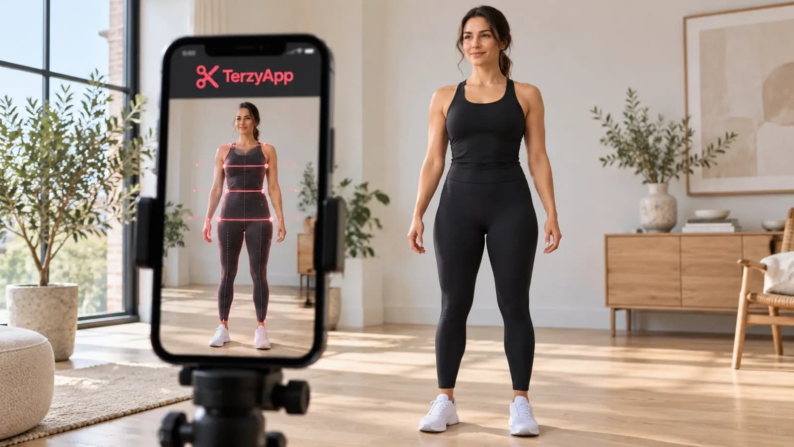 Concept illustration of a woman in sportswear using a TerzyApp-branded phone for AI-assisted body measurement.