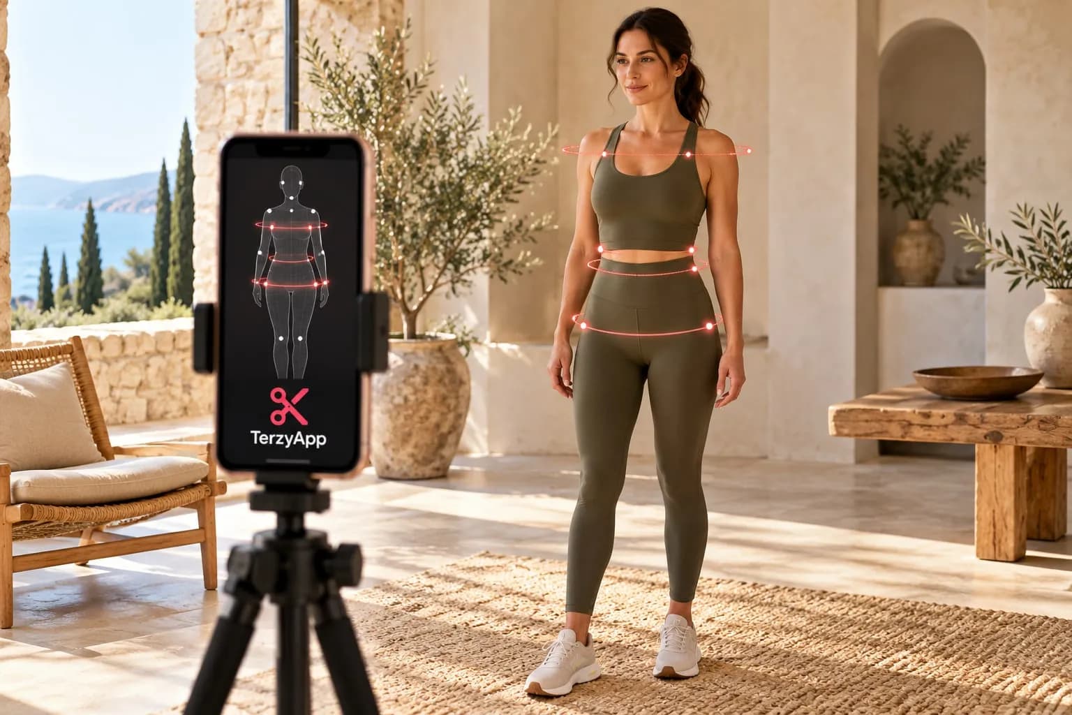 Ilustracija žene u sportskoj odjeći koja koristi TerzyApp aplikaciju na mobitelu za AI-pomognuto mjerenje tijela.