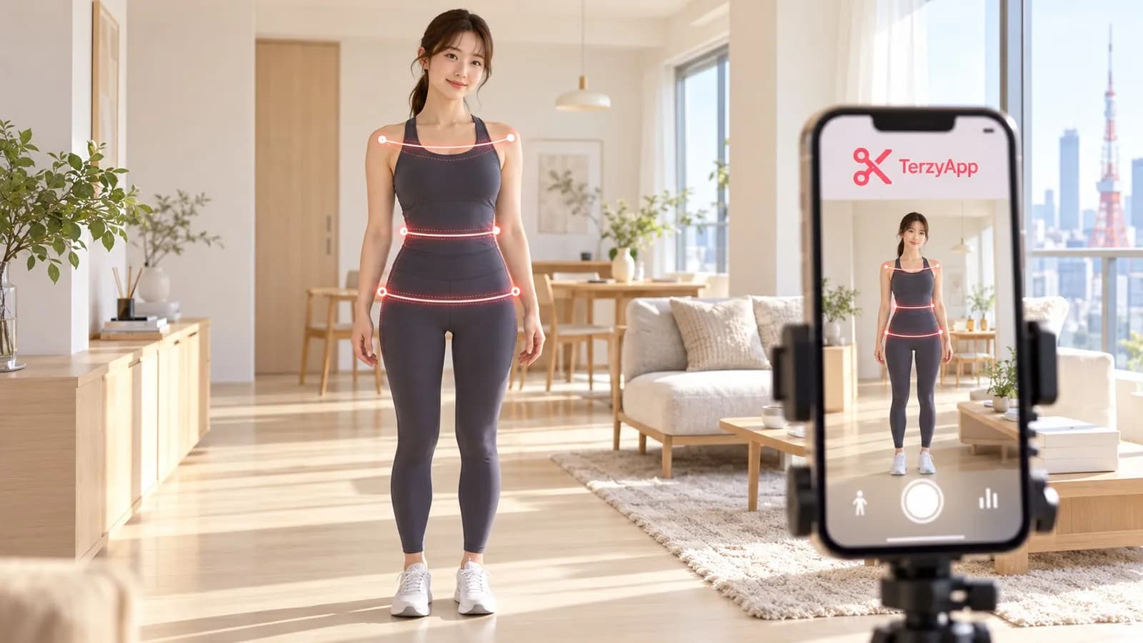 スポーツウェア姿の女性がTerzyAppのロゴ入りスマートフォンでAI体型測定を行っているイメージイラスト（実際の画面や測定方法ではありません）。