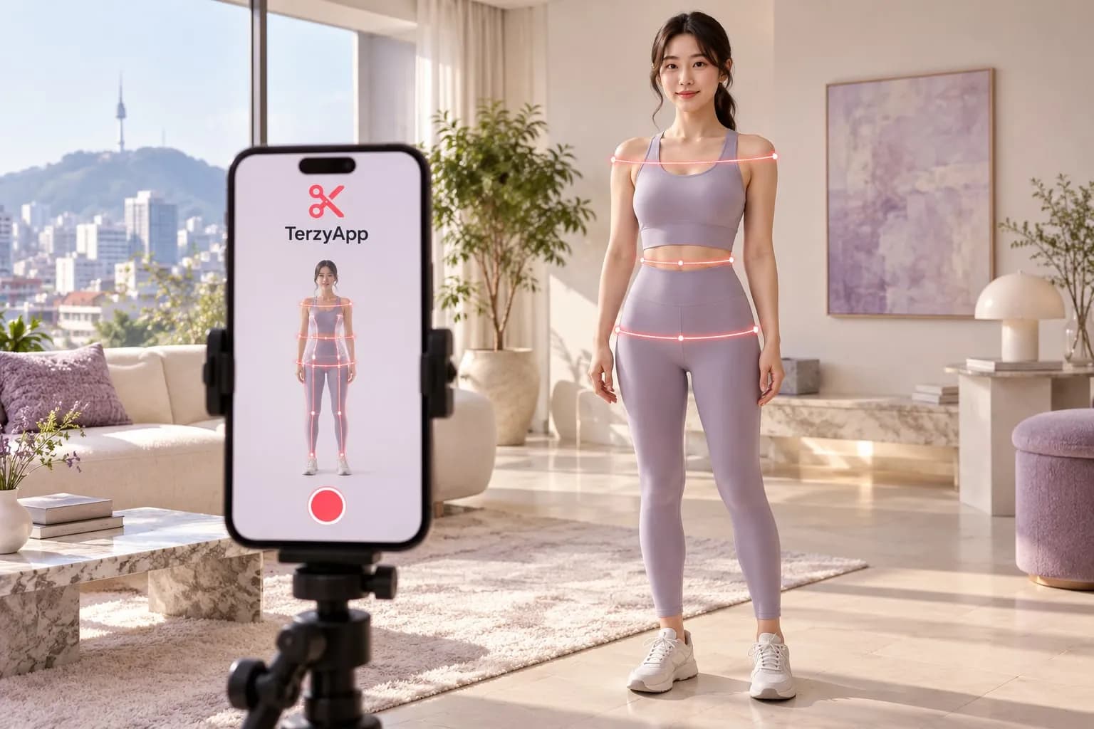 운동복을 입은 여성이 TerzyApp 로고가 있는 스마트폰으로 AI 신체 치수 측정 기능을 사용하는 개념 일러스트입니다.