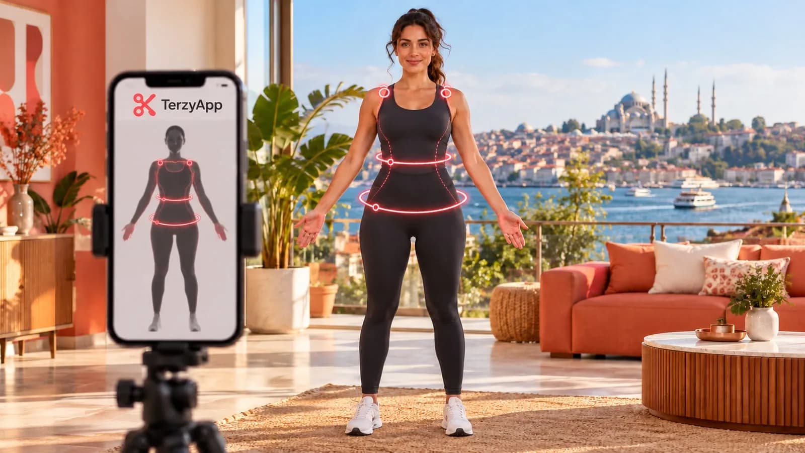 Spor kıyafetli bir kadının TerzyApp logolu telefonla yapay zekâ destekli beden ölçümü yaptığı konsept illüstrasyon.