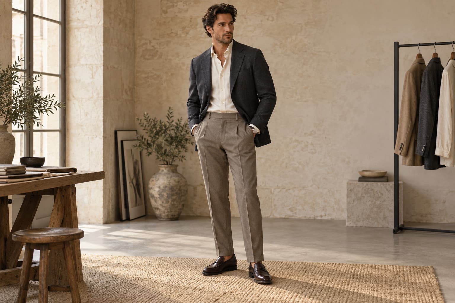 Man wearing a charcoal blazer, ivory shirt and taupe trousers in a sunlit tailoring studio