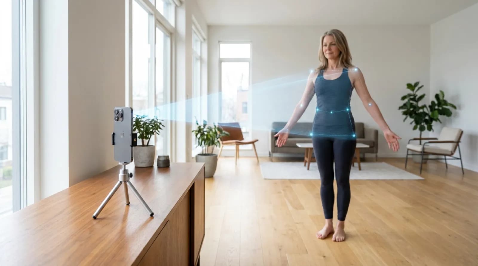 Body-scan / measurement visual — a phone scanning a body, or an elegant “measurement passport” card.