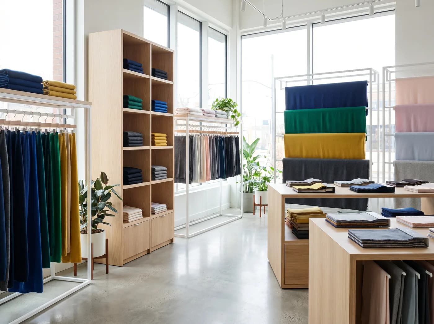 Kangasbrändin showroom, esillä korkeatasoisia kangaspakkoja avohyllyillä