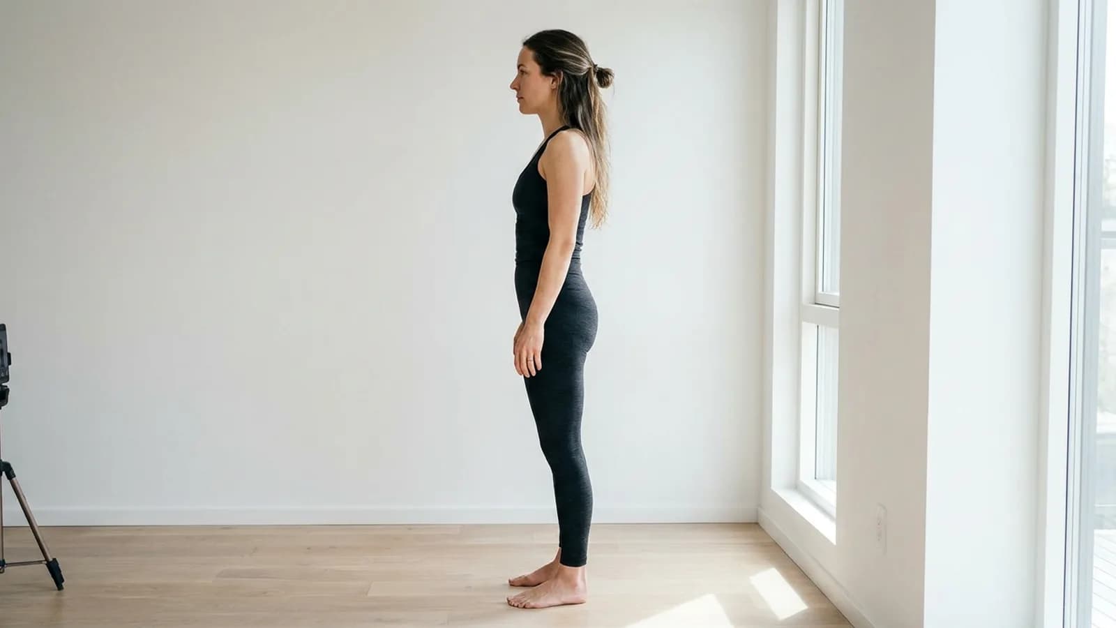 The same woman standing in profile for the side photograph of an AI body measurement session