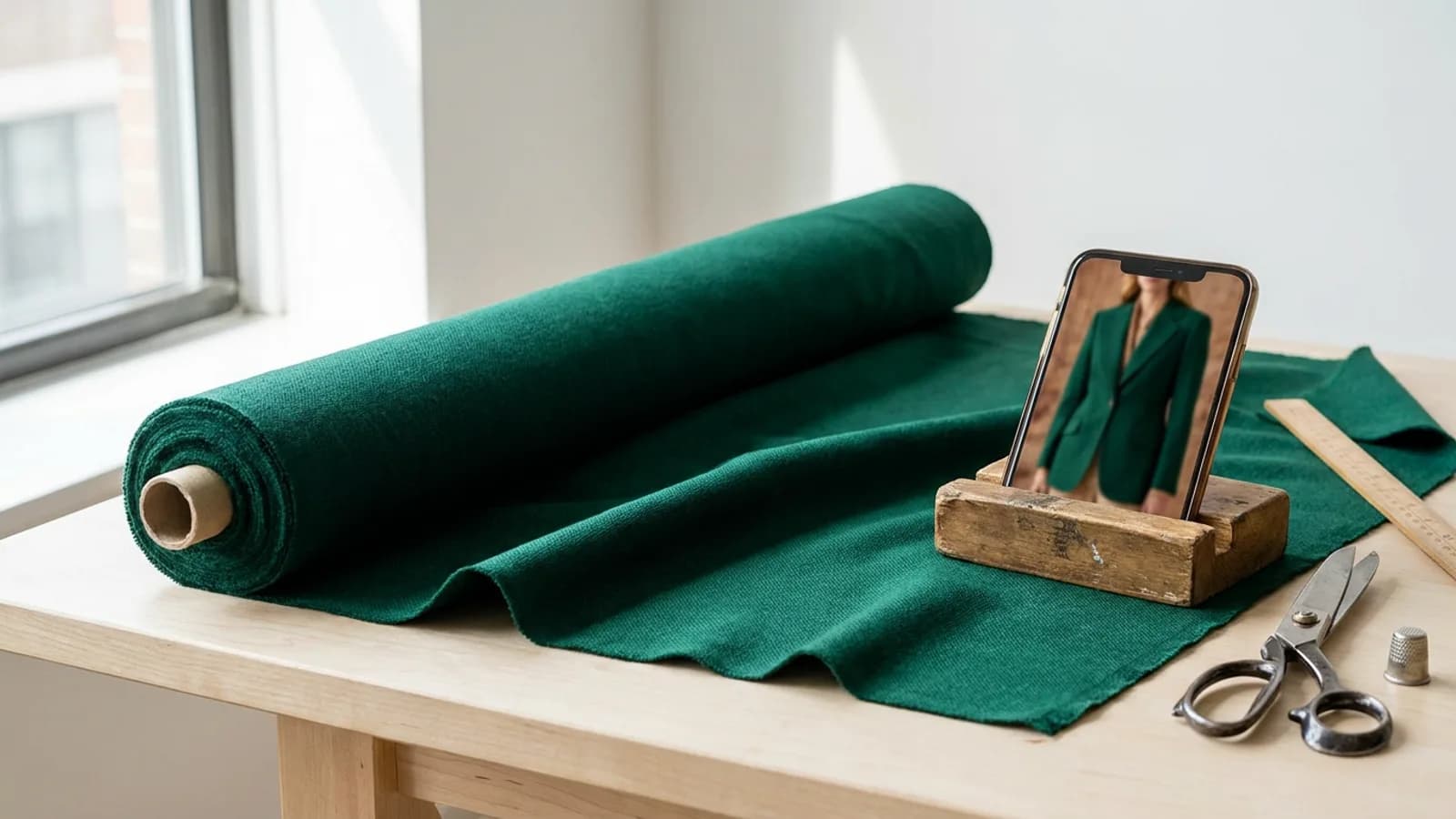 A bolt of emerald wool cloth on a workbench beside a phone showing the same cloth made up as a tailored jacket