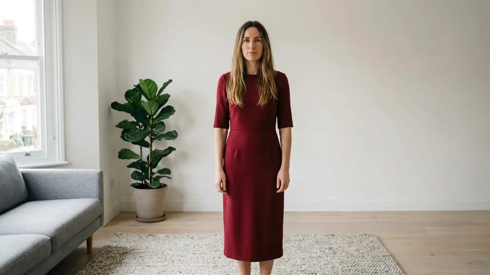 The same photograph after try-on: the same woman, same pose, same room, now wearing a deep garnet tailored dress