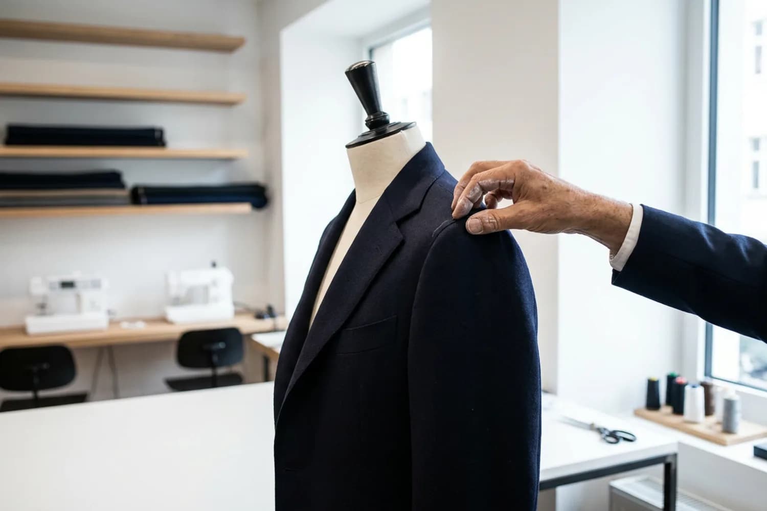A finished single-breasted jacket on a dress form being checked at the sleeve head in window light