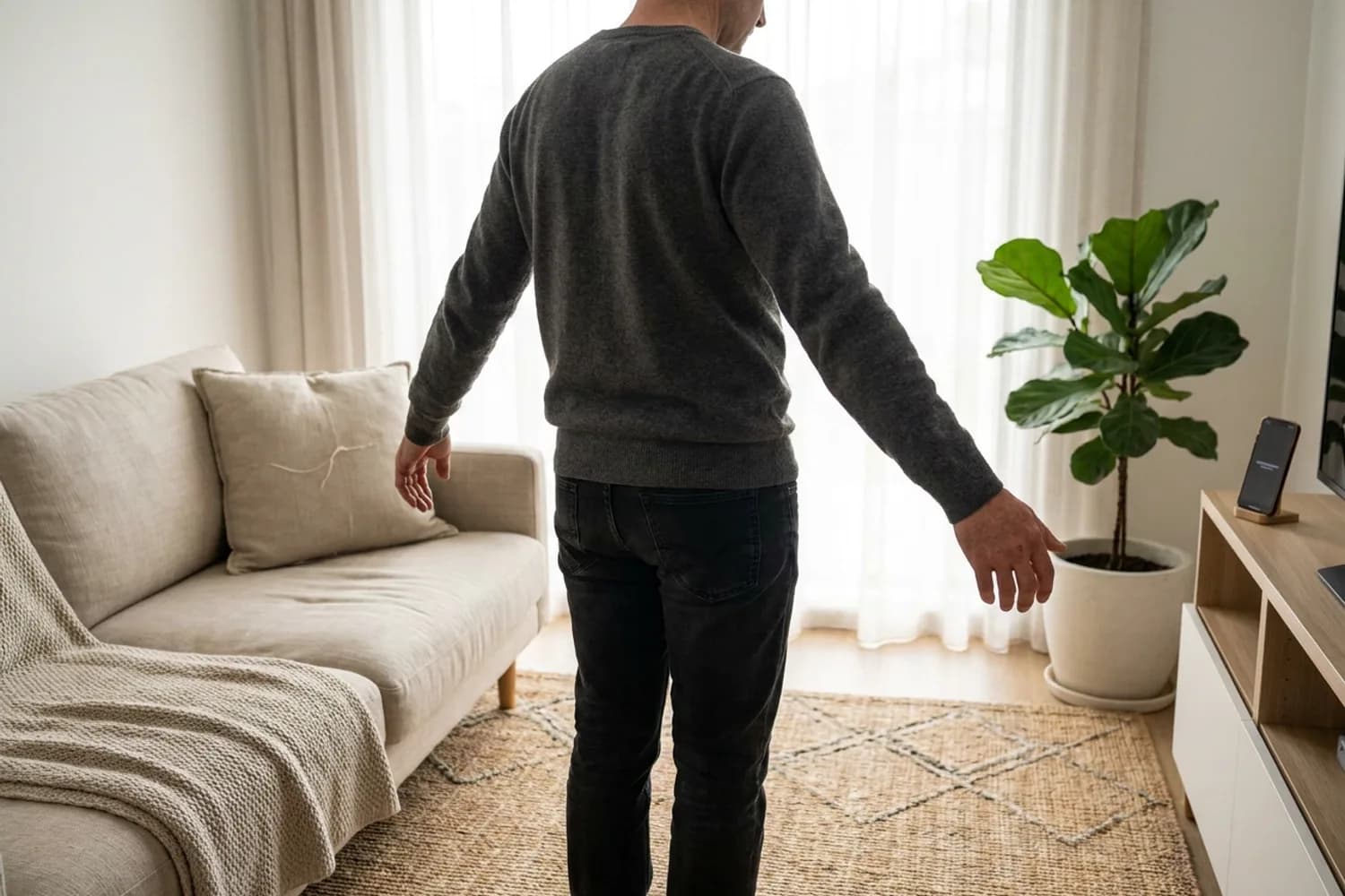 A person standing in a bright living room being measured by their phone propped a few steps away