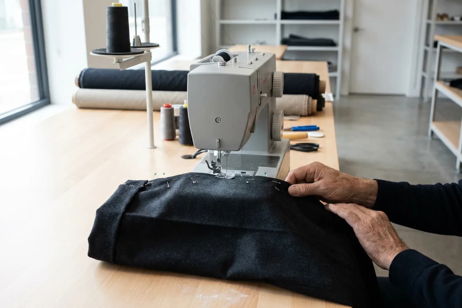 Hands guiding the turned-up hem of a pair of trousers through an industrial sewing machine