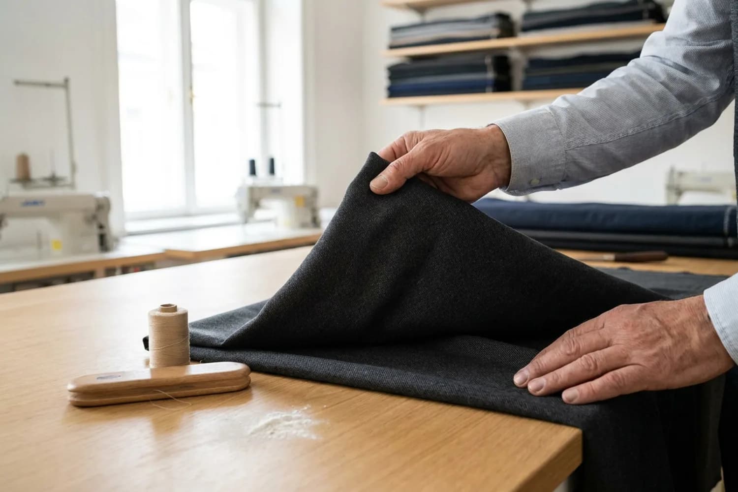 A close daylight detail of fine suiting cloth with the weave and individual threads clearly visible