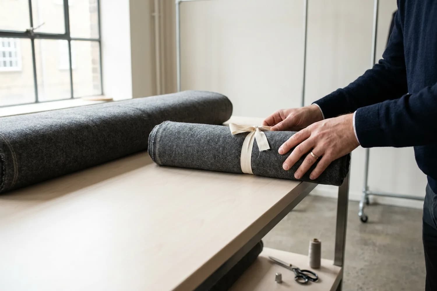 Coupon de tissu plié et lié par un ruban textile prêt pour l'expédition