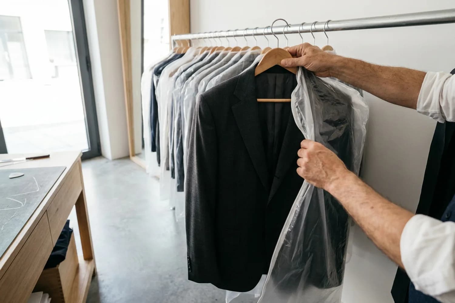 Vêtement ajusté sous housse transparente retiré d'une penderie de confection achevée