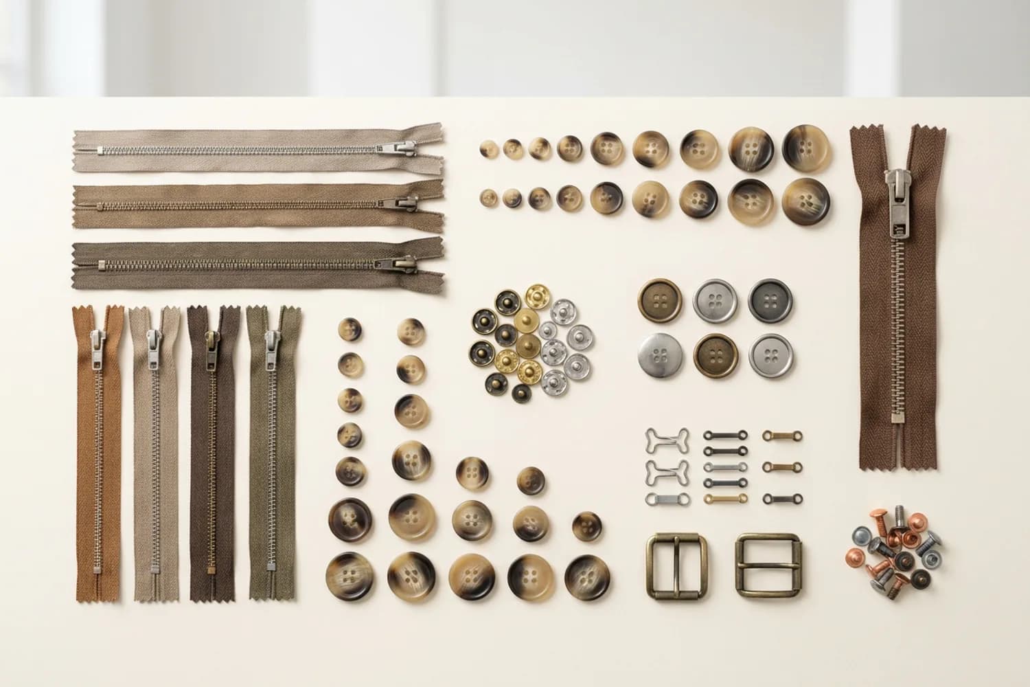 Düzgün sıralar halinde dizilmiş metal fermuarlar, düğmeler, çıtçıtlar ve tokalar