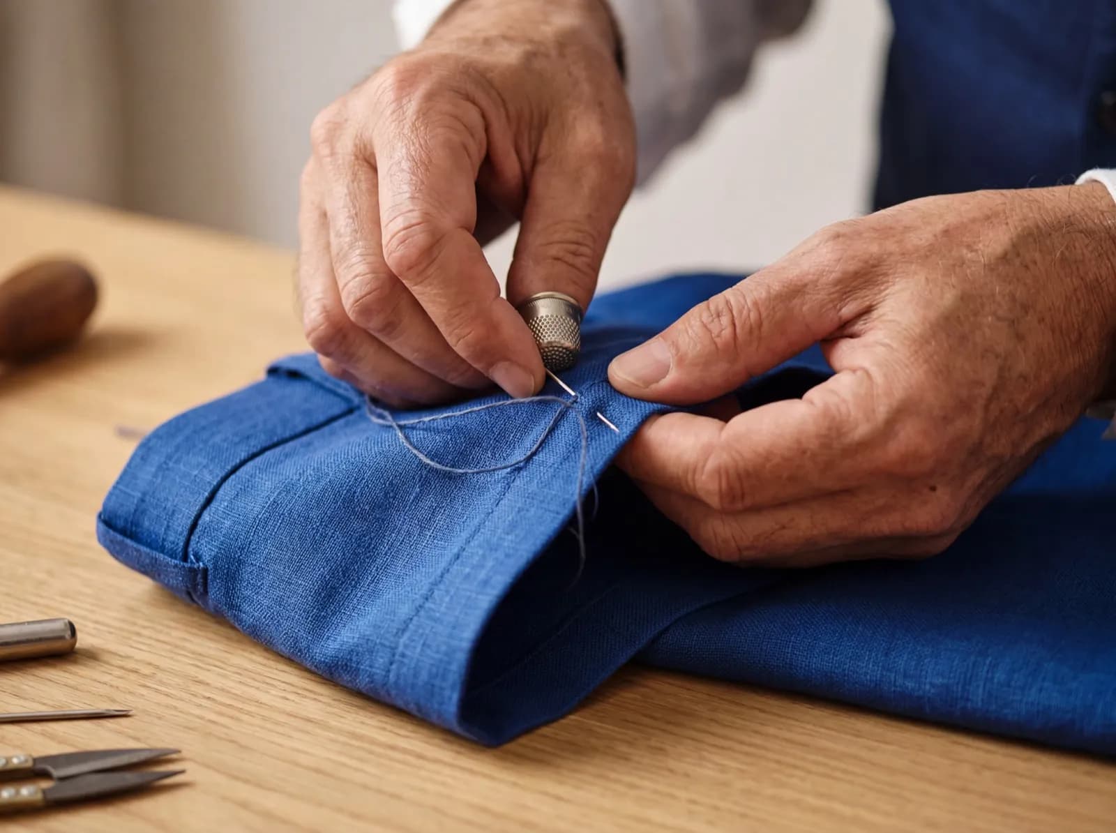 A tailor pinning a jacket for alteration in an atelier