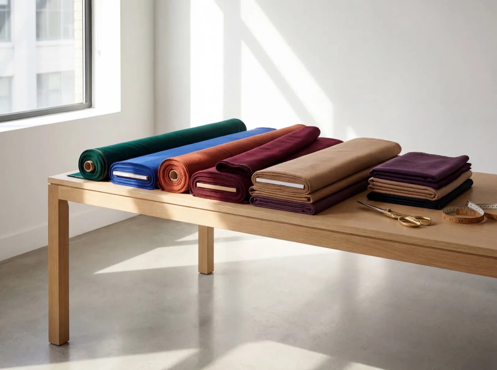 Bolts of premium fabric in a tailor's fabric room