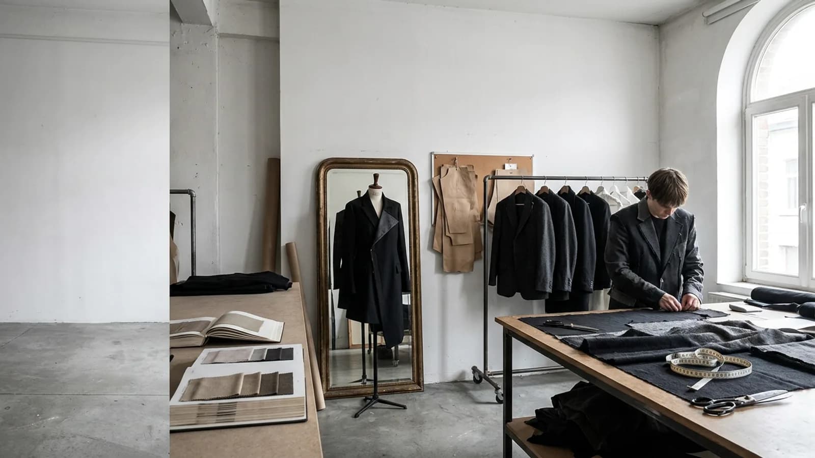 Flemish linen bolts sit beside a dress form in an Antwerp-style tailoring workshop.