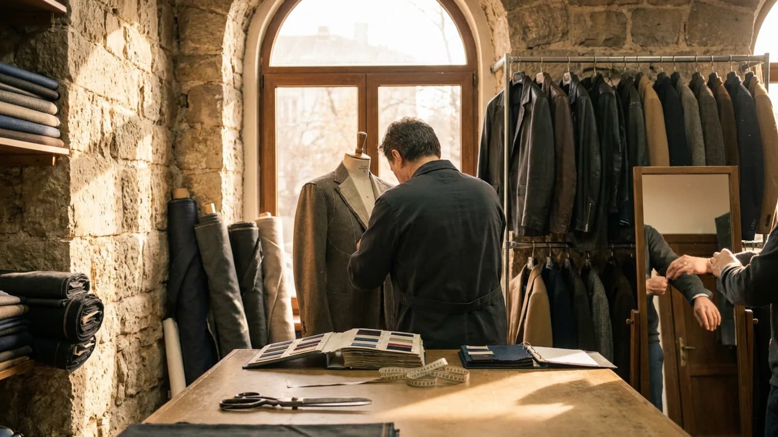 Thracian woollen cloth and leatherwork share shelf space beside a tailor's dress form.