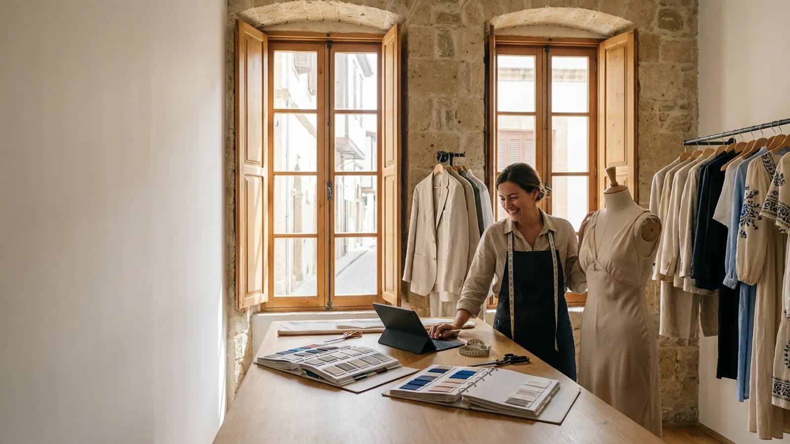 Breathable worsted suiting drapes a form as a Nicosia tailor scrolls through tablet orders.