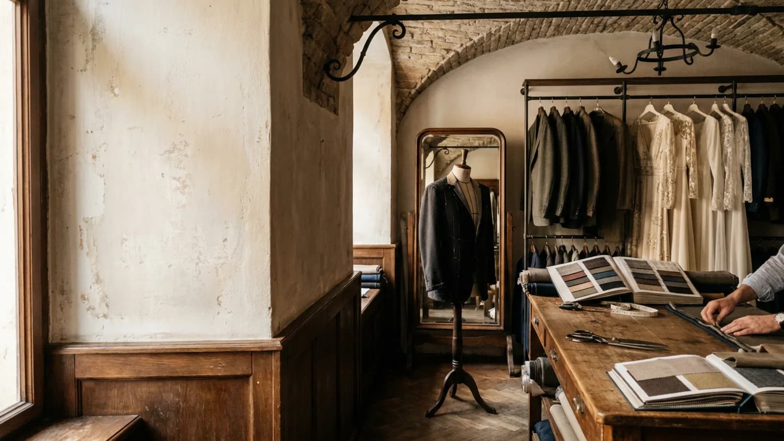 Liberec woollen flannel rolls sit near menswear rails as a tailor checks her tablet.