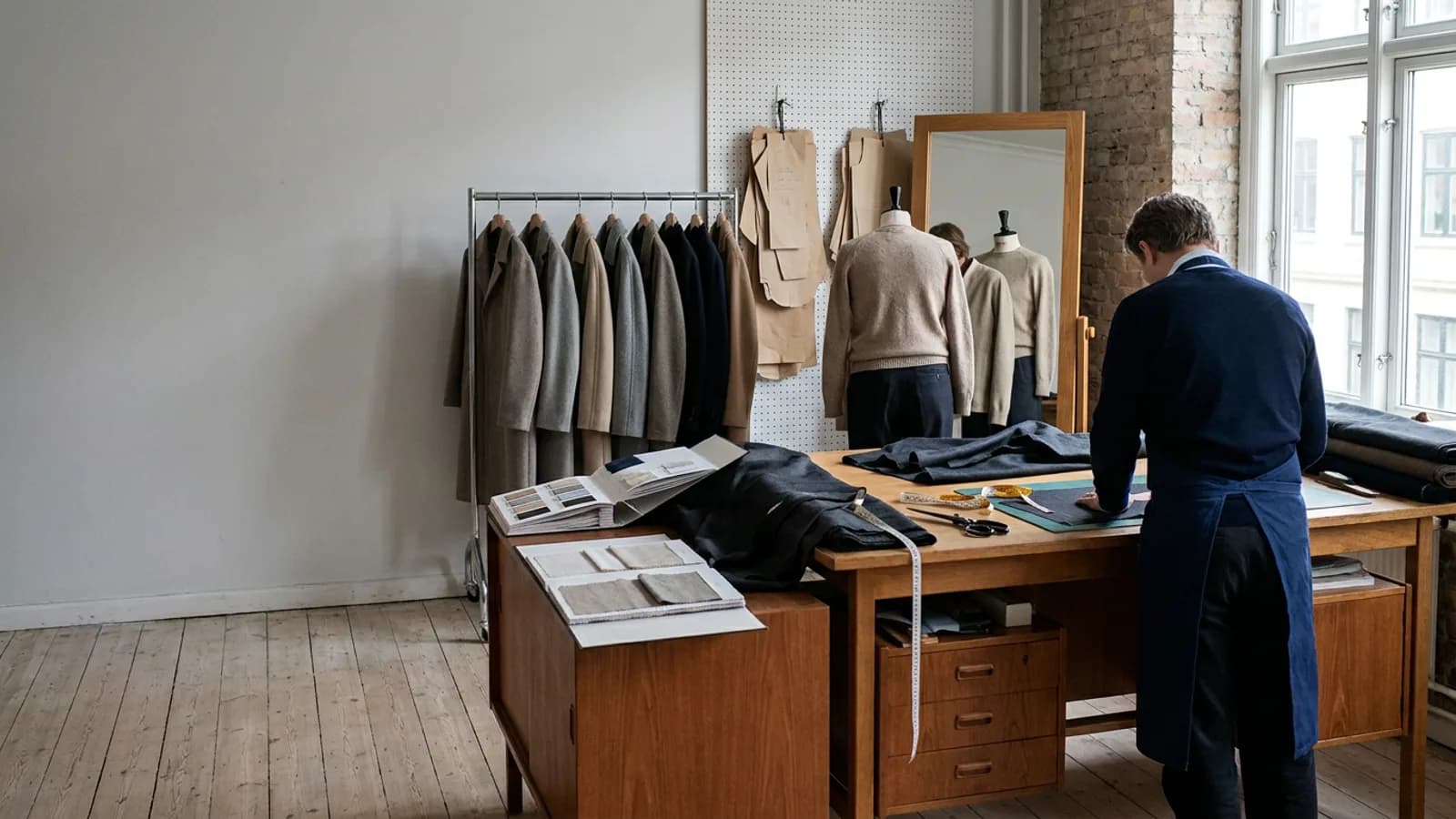 Herning wool outerwear hangs on rails while a tailor taps through orders on a tablet.