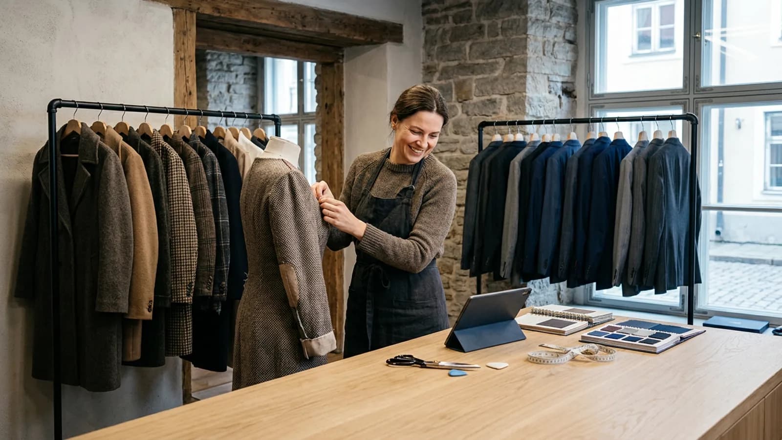 Tallinn flax linen rolls stand beside menswear and womenswear rails in a tailoring studio.