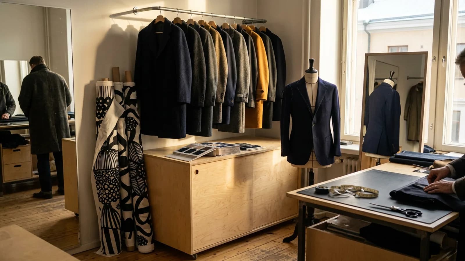 Țesături dense din Tampere se adună lângă manechin, într-un atelier finlandez luminos și sobru.
