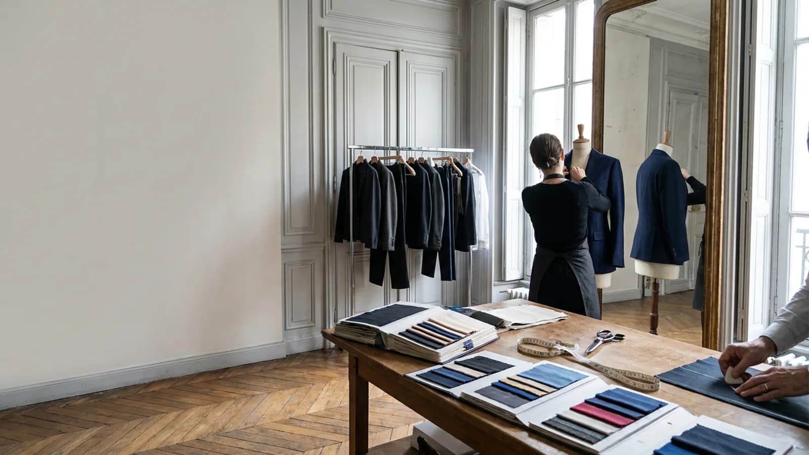 Lyon silk linings drape a dress form as a tailor reviews orders on her tablet.