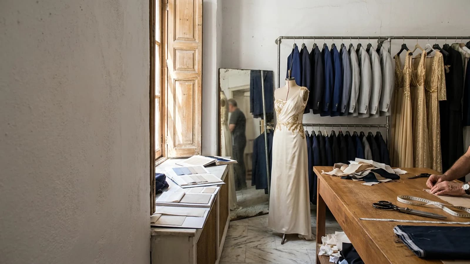 Ioannina leatherwork sits near menswear rails as a tailor reviews orders on her tablet.