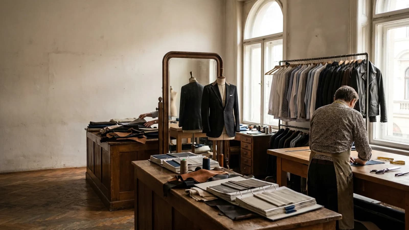 Danube suiting cloth and Great Plain leatherwork line the shelves of a tailoring workshop.