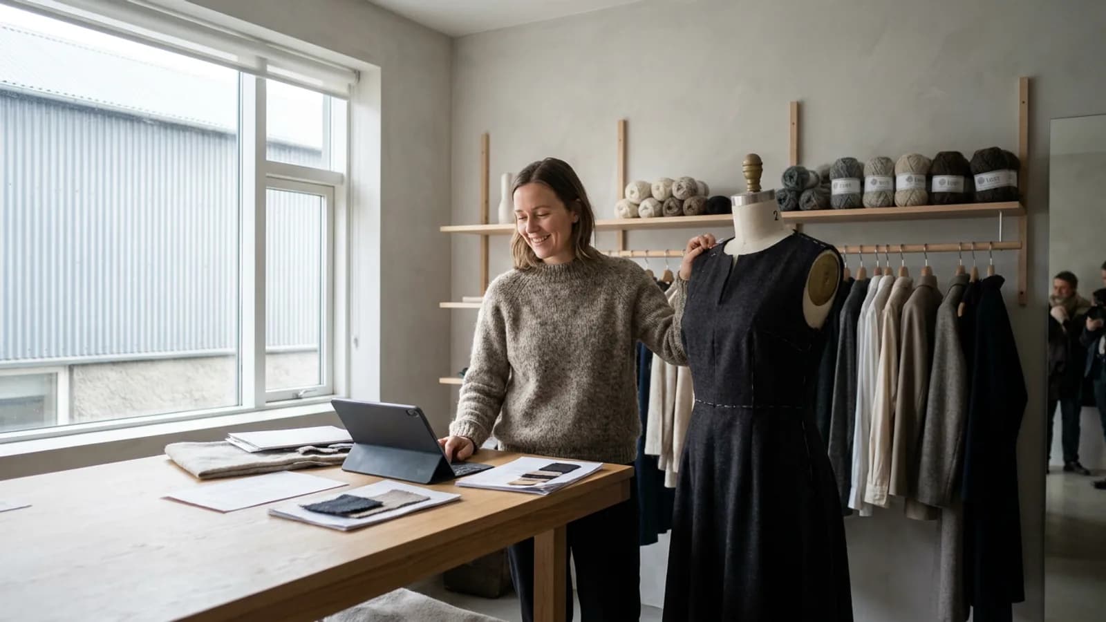 Dual-coated lopi wool coats crowd the rails while a tailor checks orders on tablet.