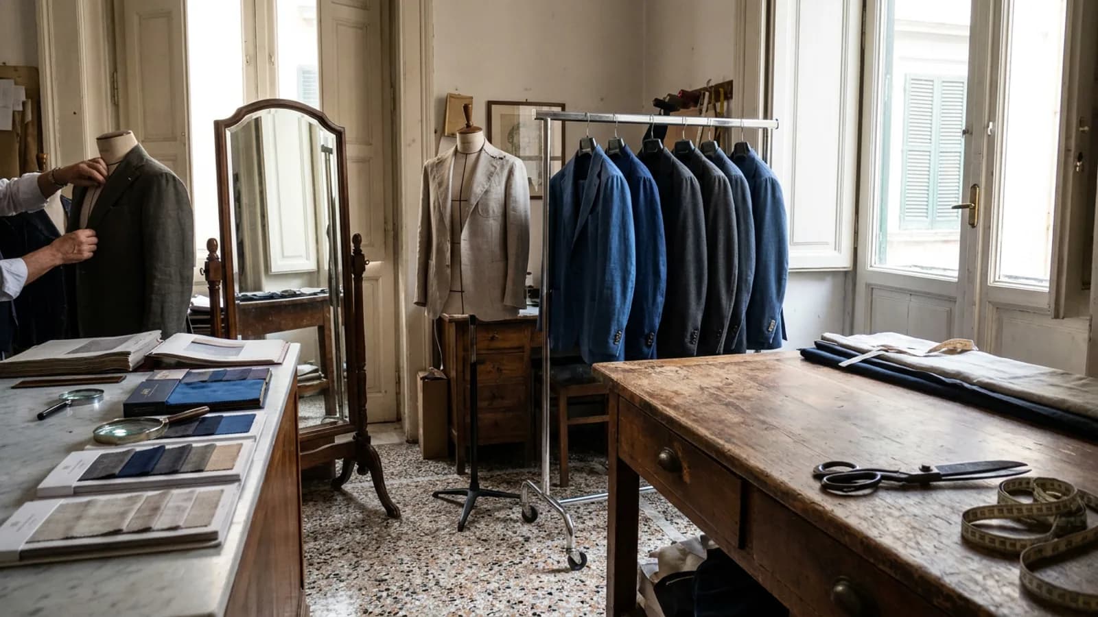 Neapolitan shirt-sleeve jackets hang on rails beside a dress form and Biella wool swatches.