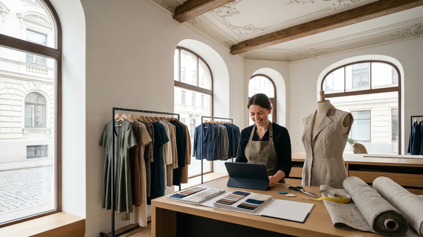 Riga linen bolts sit beside a dress form in a light-filled Baltic workshop.