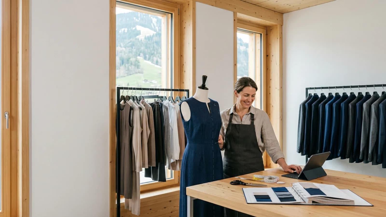 A tailor pins alpine worsted wool to a dress form beside menswear rails in Vaduz.