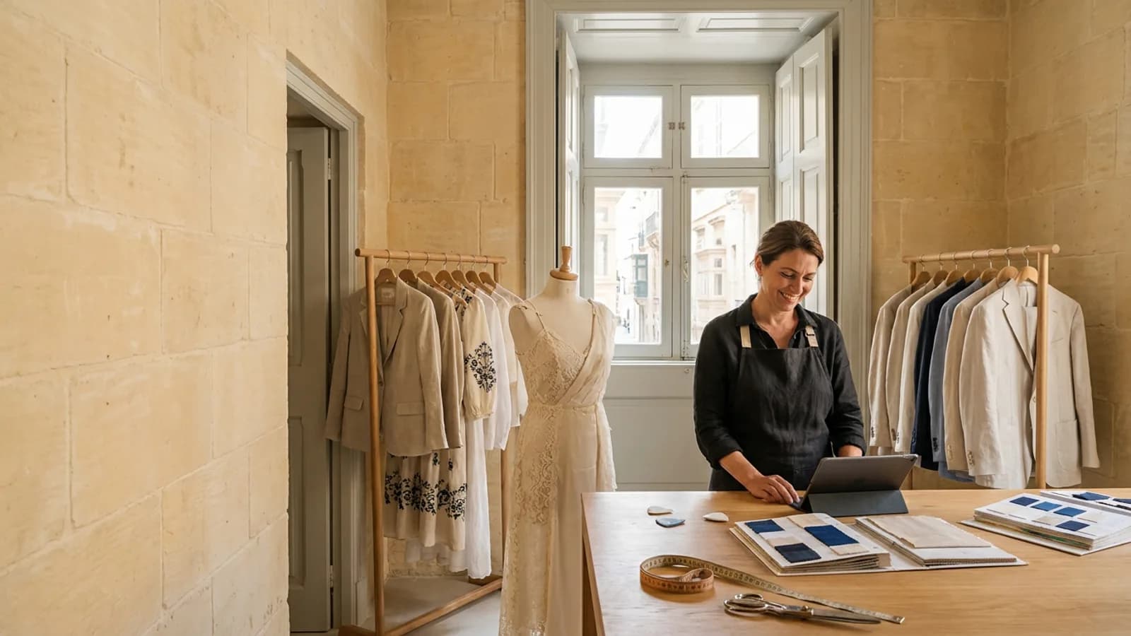 Gozo lace trims a gown on its form beside breathable linen rails in Valletta.