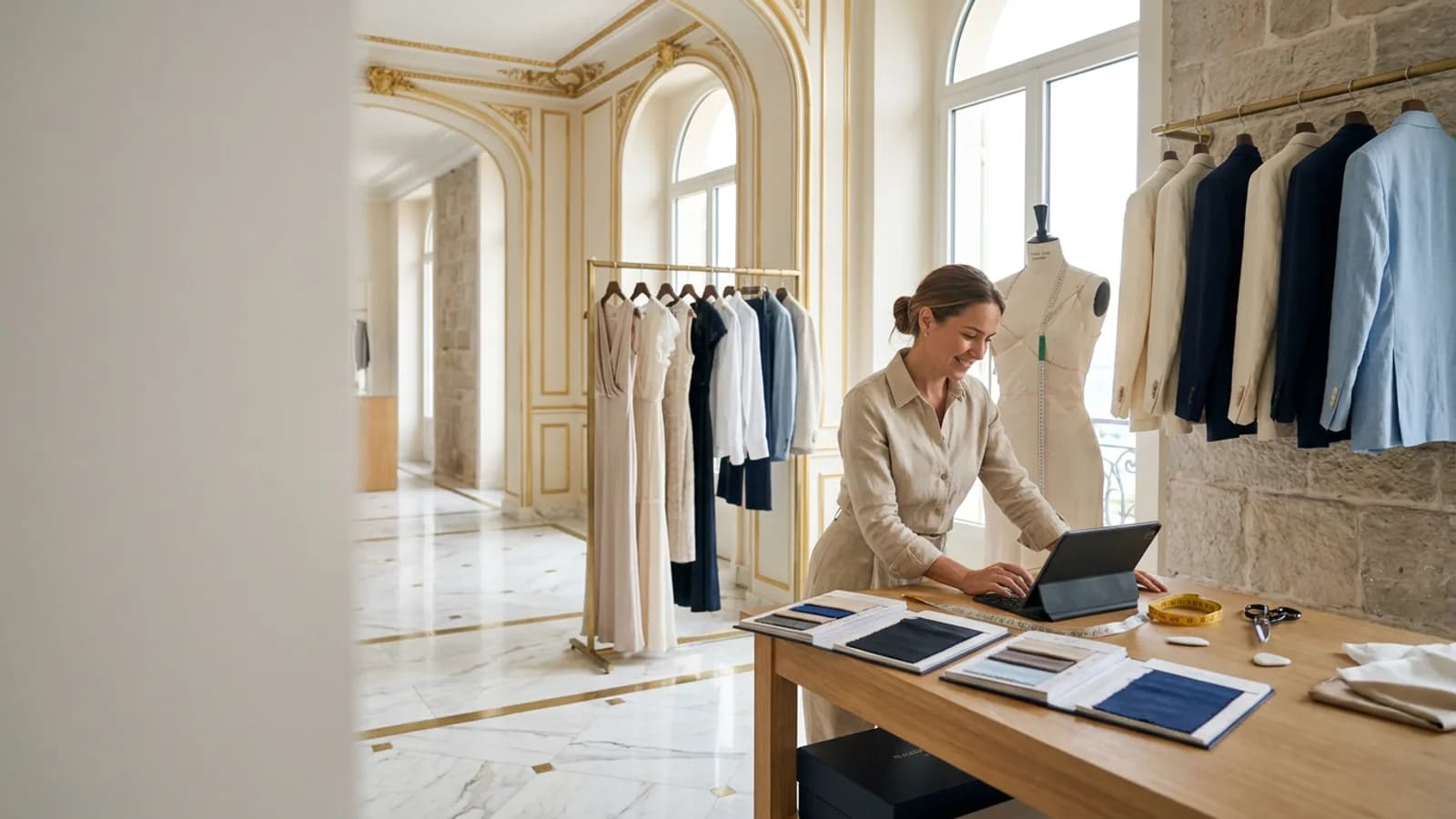 Lightweight tropical worsted suiting drapes a form inside a Monte Carlo tailoring workshop.