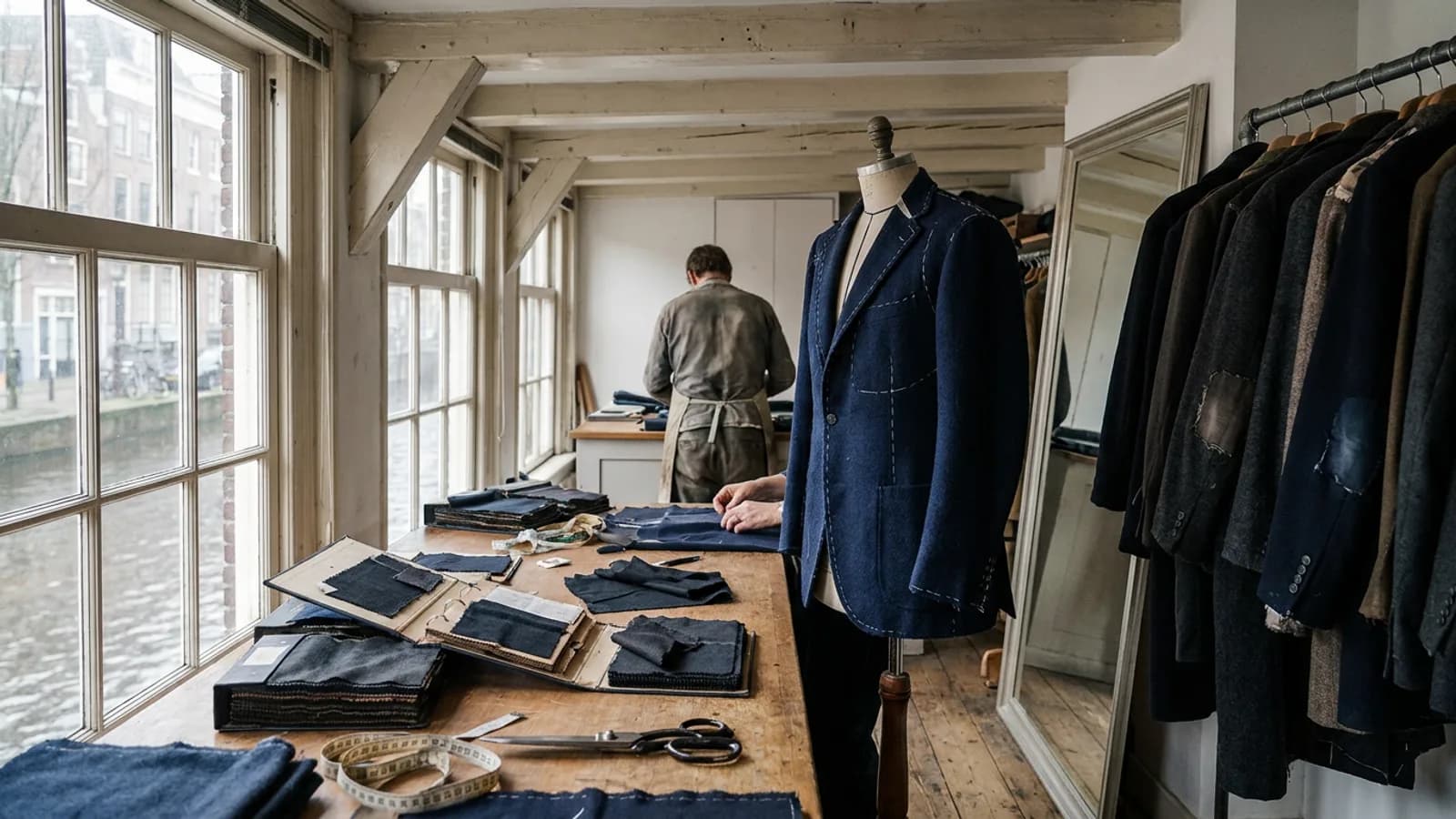 A dress form stands amid menswear and womenswear rails inside a Tilburg-inspired workshop.