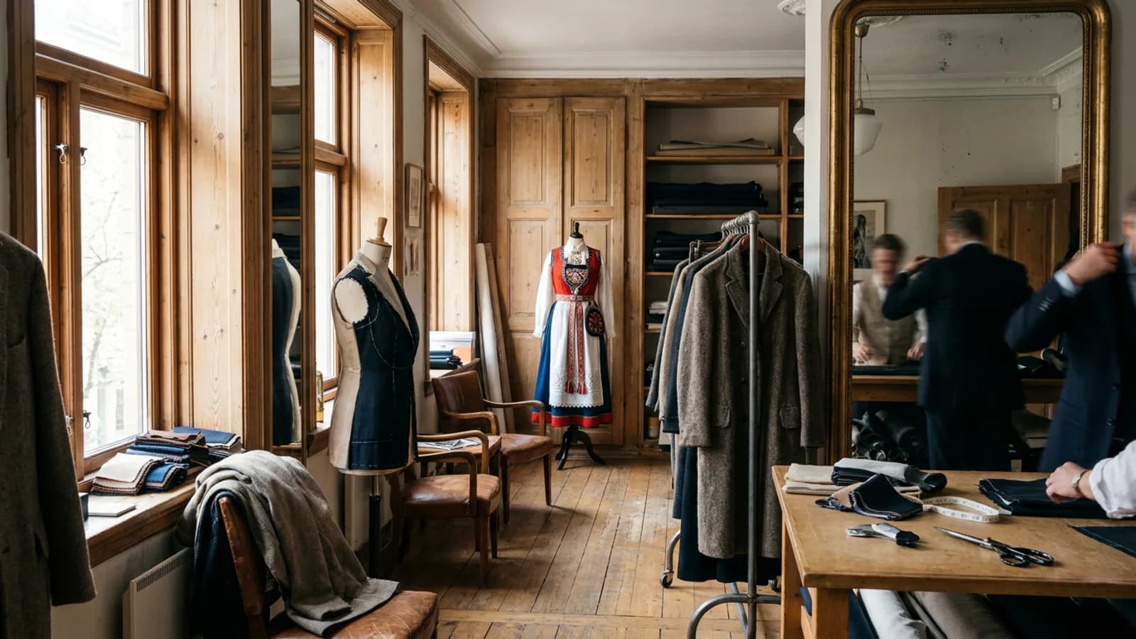 A carded wool overcoat drapes its form beside rails in a Nordic-style tailoring studio.