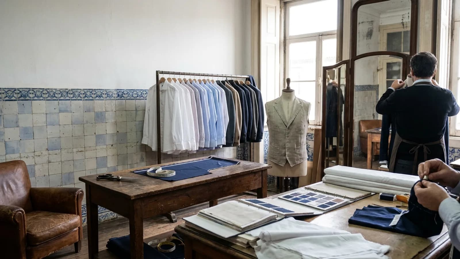 Vale do Ave cotton shirting hangs near a dress form inside a Lisbon workshop.