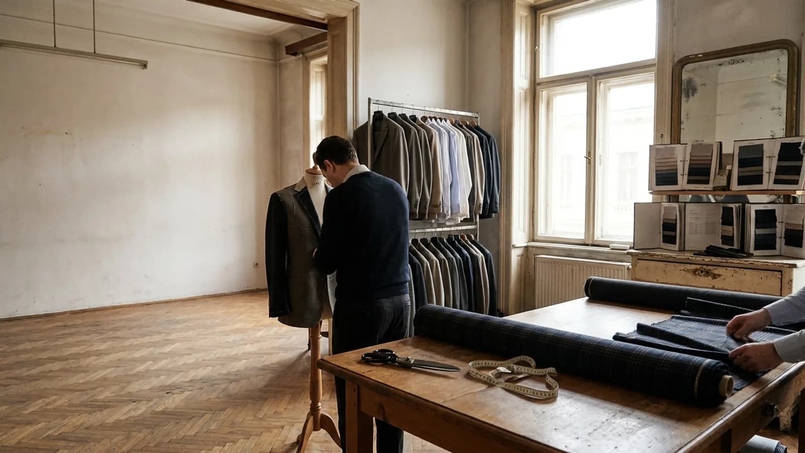 A gown takes shape on its form while a Transylvanian tailor reviews orders on tablet.