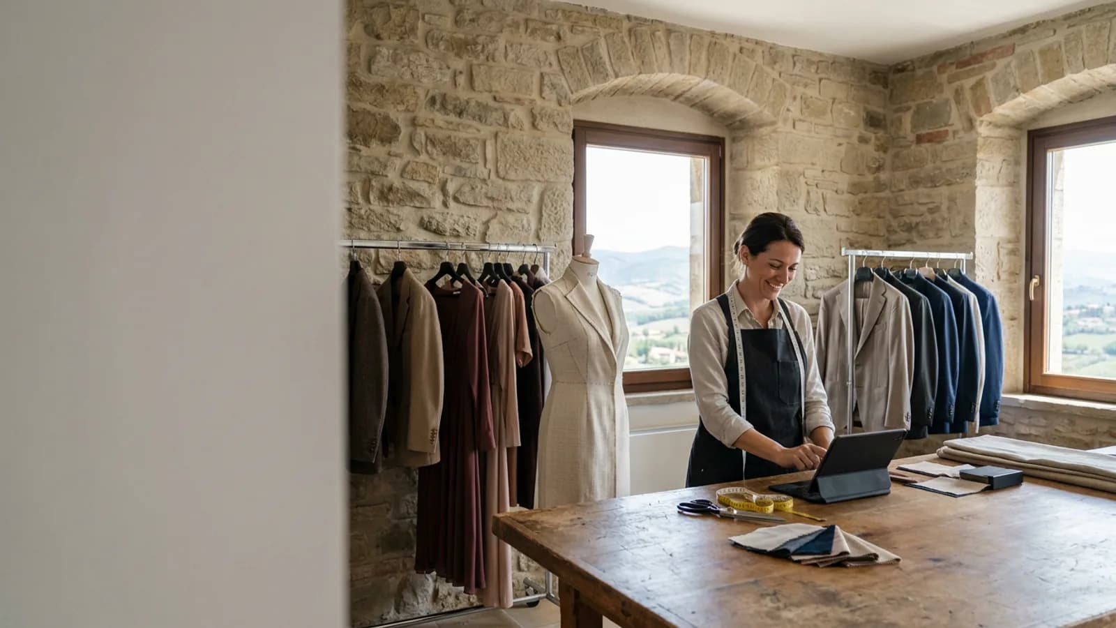 Cliffside-inspired worsted wool jackets hang on rails beside a tailor checking tablet orders.
