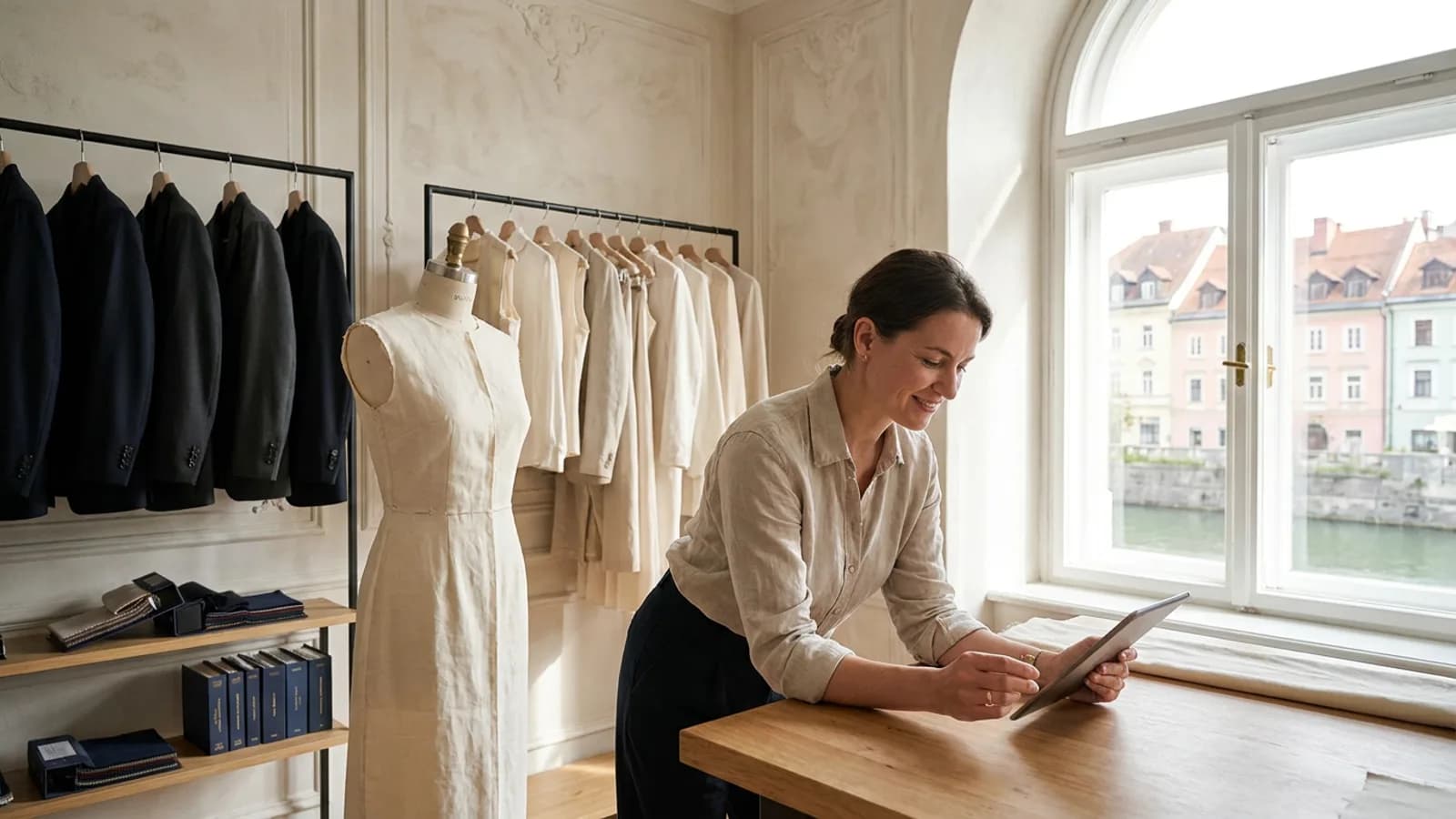 Alpine wool suiting meets coastal linen on rails inside a Ljubljana tailoring workshop.