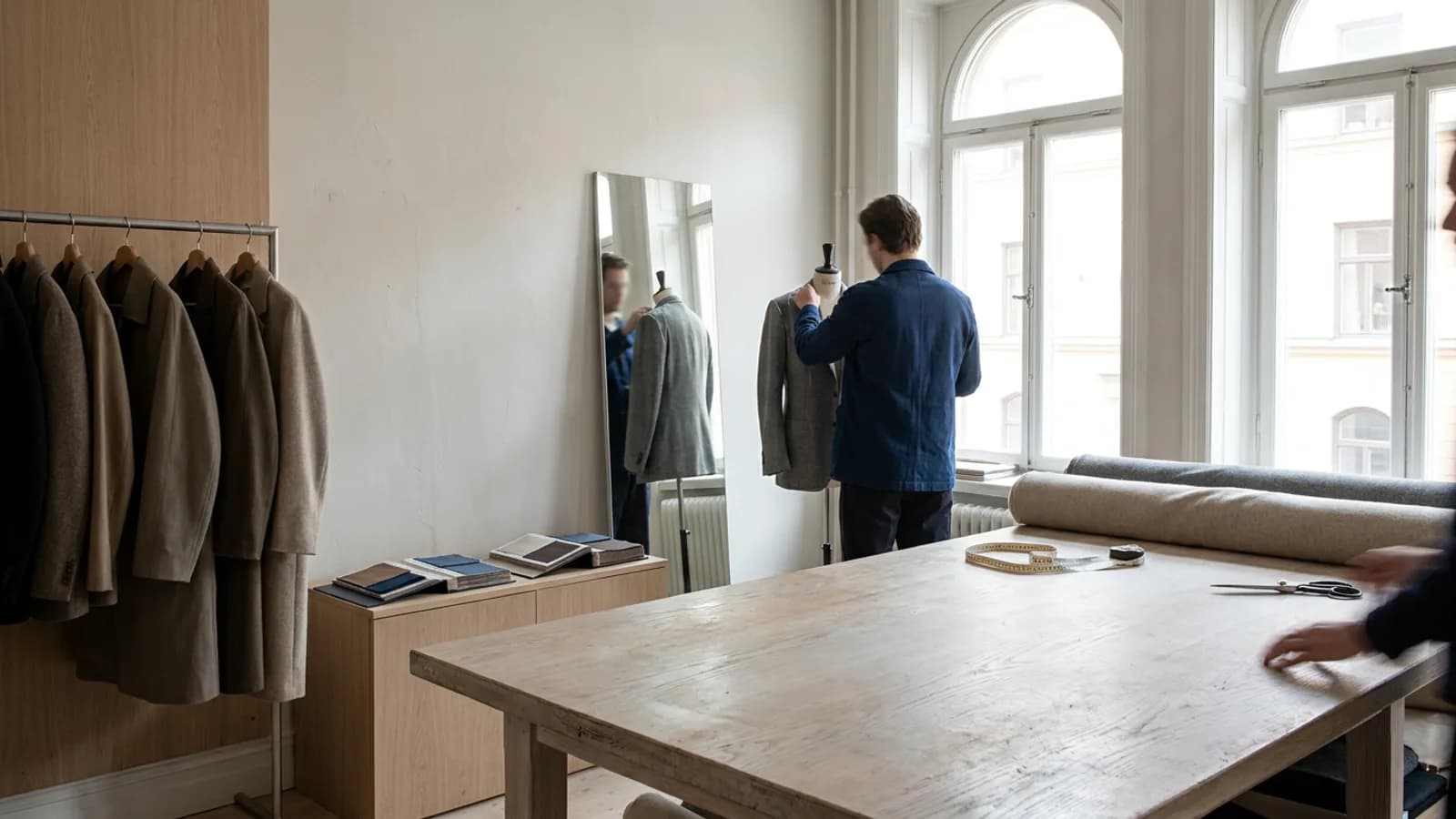 Borås woollen cloth lines the shelves as a tailor checks orders on a tablet.