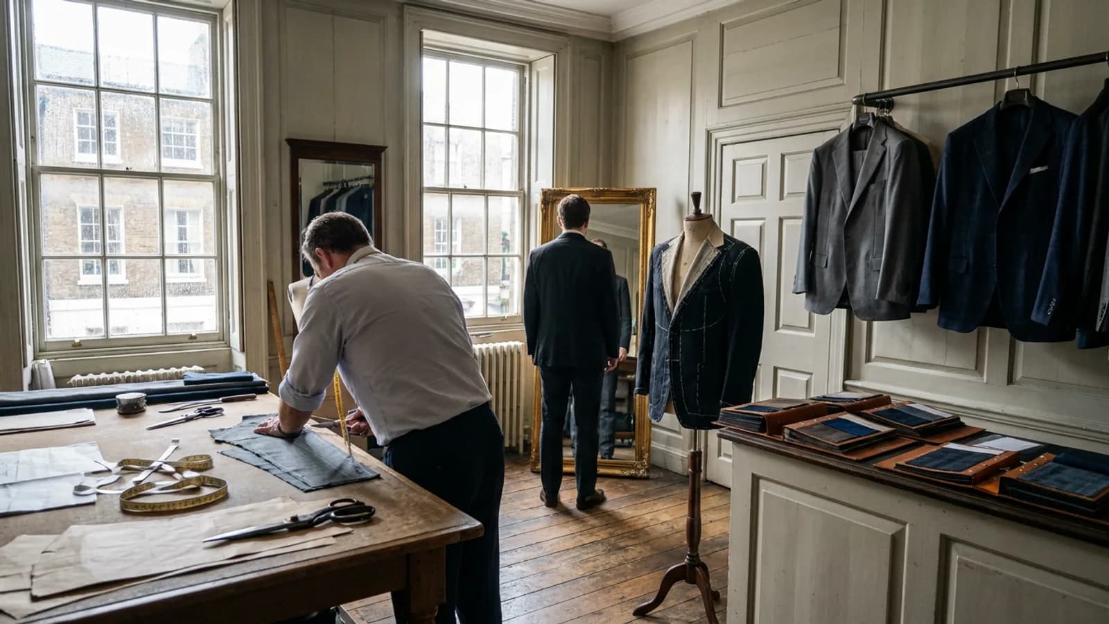 Savile Row-trained cutters pin a jacket form near shelves of Yorkshire worsted wool.