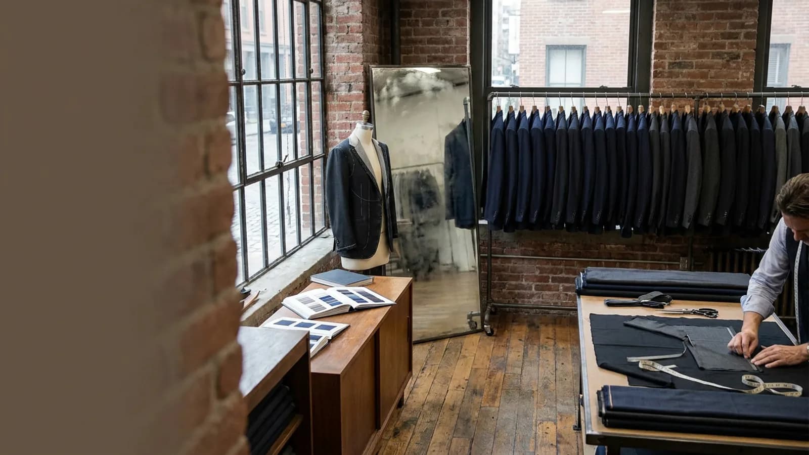 Full-canvas jackets hang beside a dress form in a workshop echoing New York tailoring.
