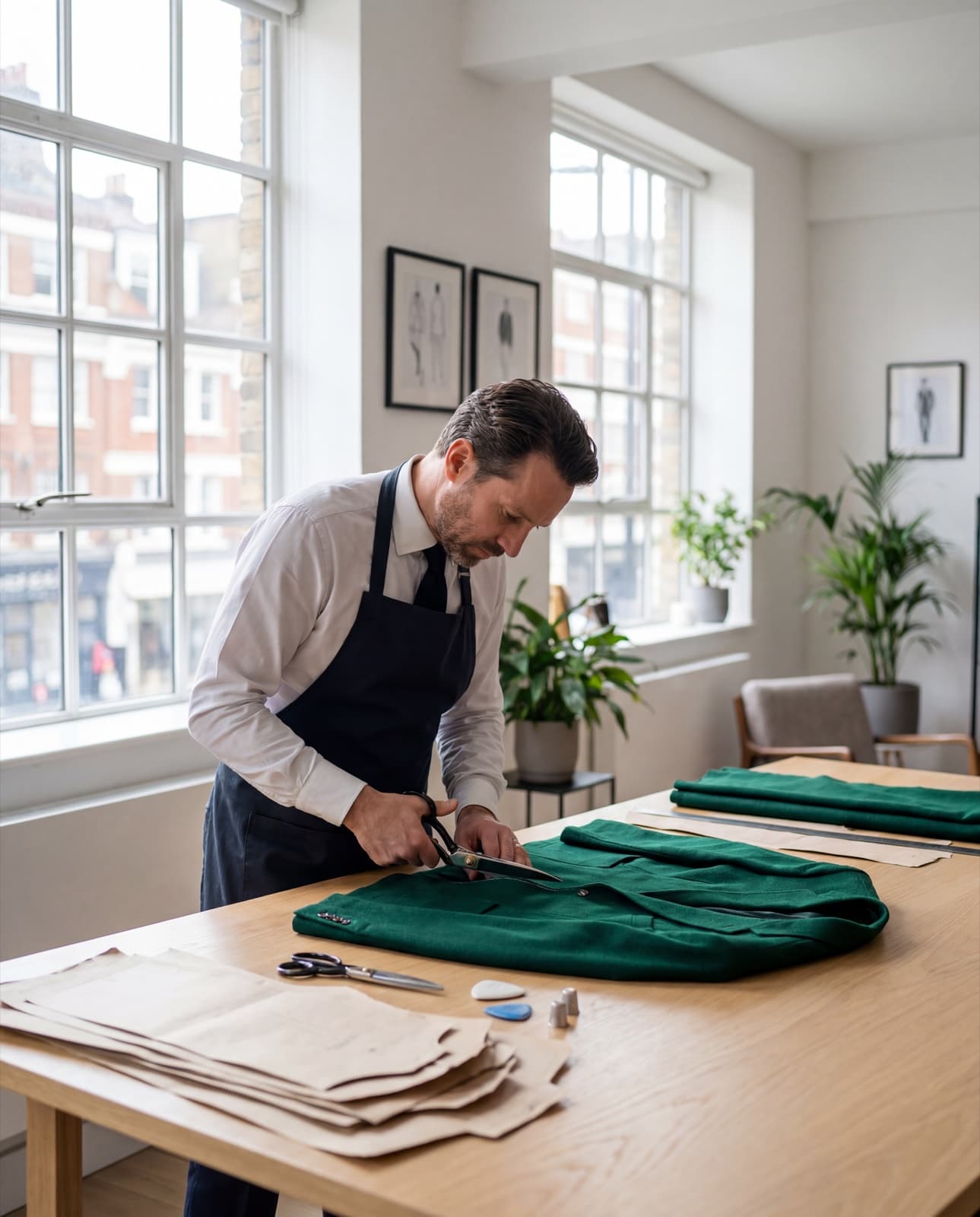 En mesterskrædder i sit atelier, hvor et tøjstykke formes på skærebordet