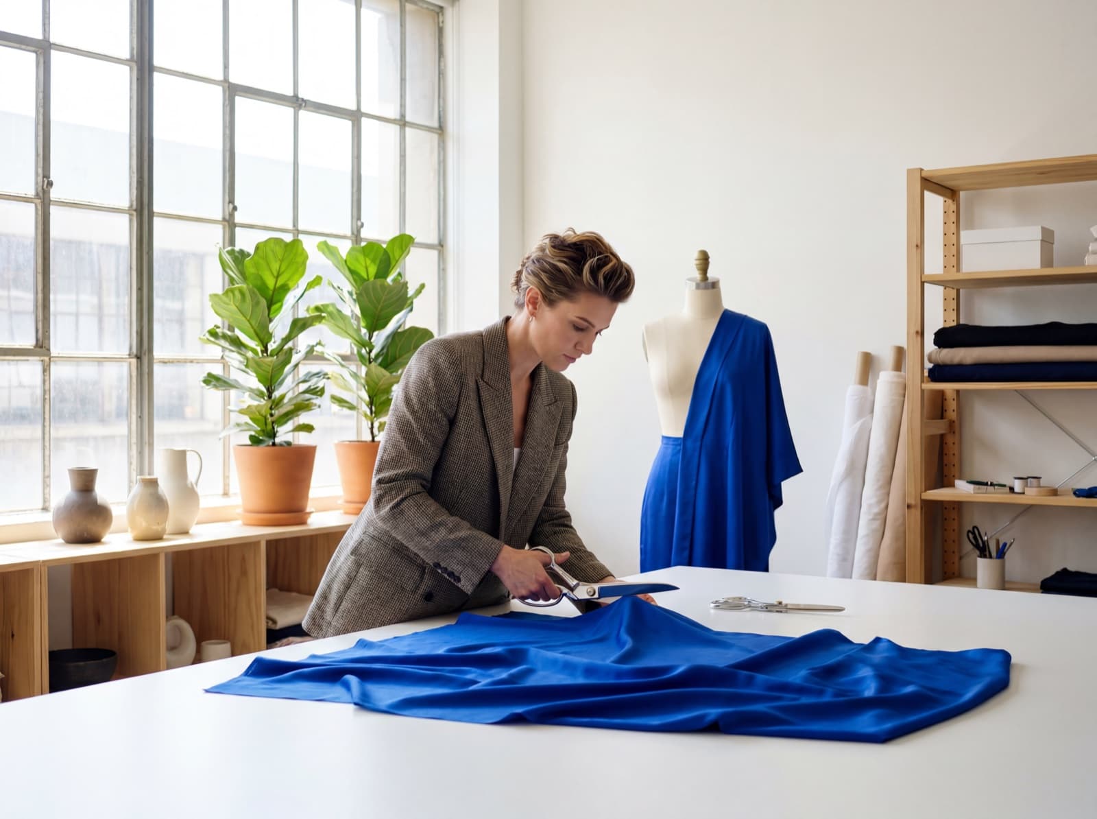 Designer cutting fabric in a contemporary atelier